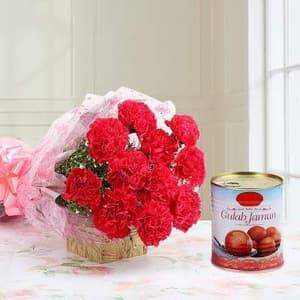 12 Red Carnations with Gulab Jamun